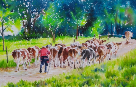 Sortie du troupeau de vaches au petit matin <br /> 34 x 54 cm  CHF 550